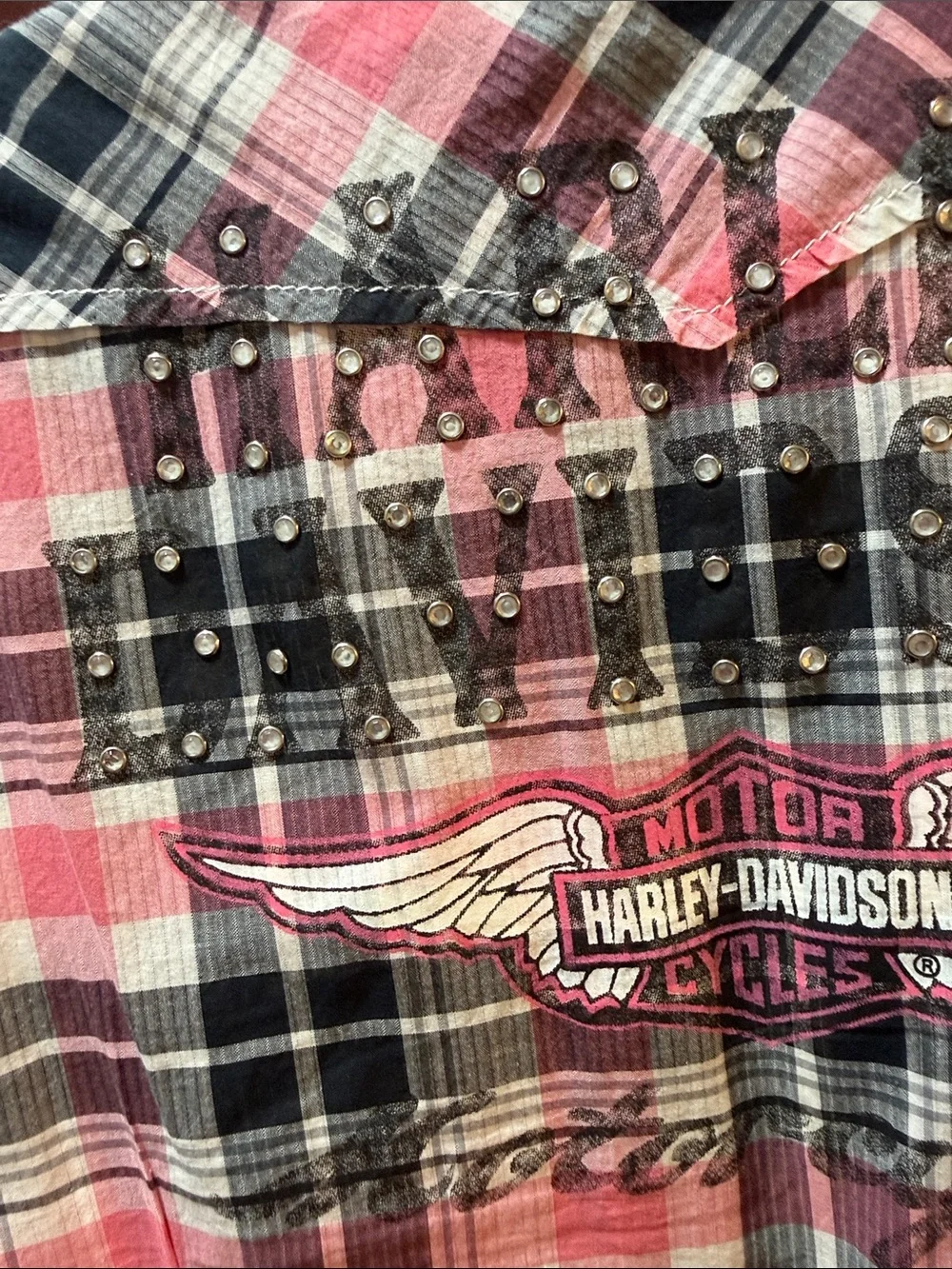 Harley Davidson women’s Pink Plaid Short-Sleeve Button-Up Shirt
